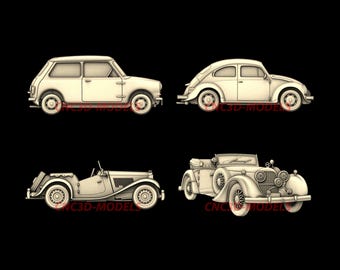 Classic Car 3D STL Model, CNC Router Wood Carving Files (4pcs) N163