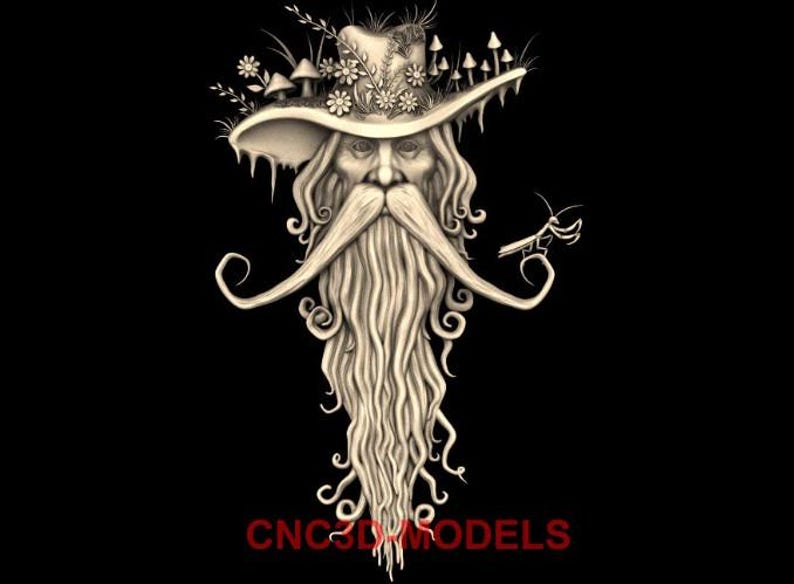 May include: A detailed 3D model of a whimsical character with a long, flowing beard and a hat adorned with flowers and mushrooms. The character has a mischievous expression and is holding a small insect in its hand.