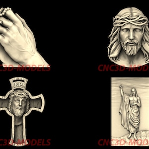 May include: Four 3D-printed religious figures: a hand holding a cross and rosary beads, a head of Jesus with a crown of thorns, Jesus on a cross, and Jesus with his arms raised.