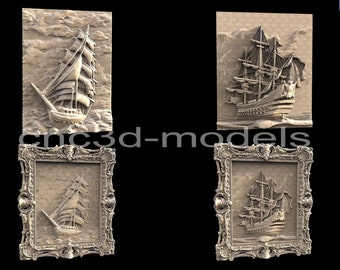 Barco de vela, 4 piezas, modelo 3D STL para enrutador CNC, grabador de madera, máquina de tallado, relieve Artcam Aspire, colección de veleros, barco de vela 061
