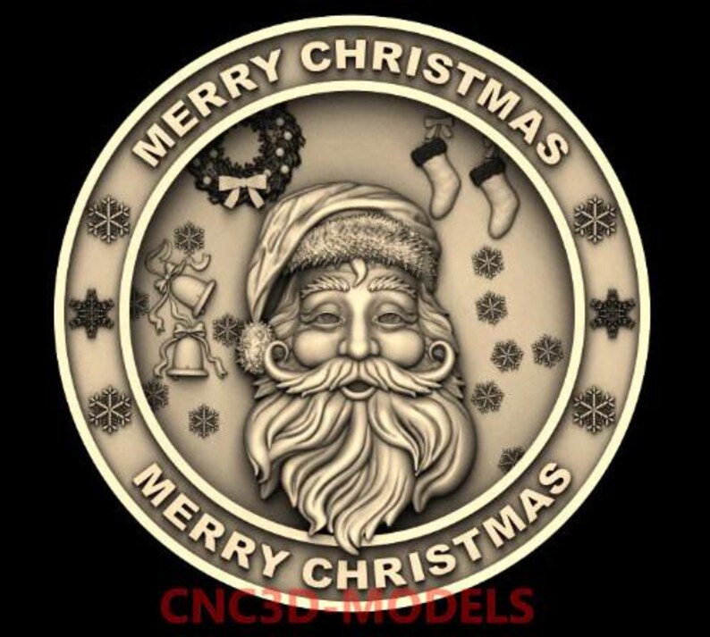 May include: A round, cream-colored ornament with a raised, detailed image of Santa Claus. The ornament has a gold border with the text "Merry Christmas" repeated twice.