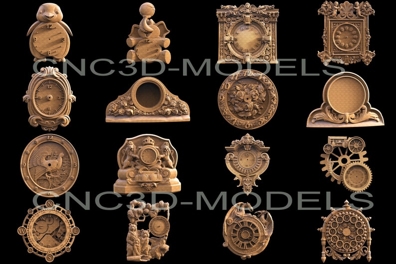 May include: A collection of 12 intricately carved wooden clock faces, each with a unique design. The clocks feature various themes, including animals, flowers, and gears. The clocks are all made of a light brown wood and have a vintage aesthetic.
