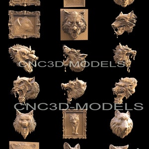 May include: A collection of 14 wooden wolf head carvings in various poses, including snarling, howling, and resting. The carvings are all detailed and realistic, with intricate fur and facial features. Some of the carvings are framed, while others are standalone.