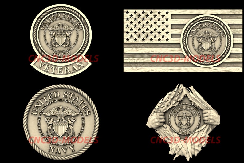 K&ouml;nnte beinhalten: Ein Satz von vier 3D-gedruckten Designs mit dem Siegel der US Navy. Die Designs beinhalten ein Siegel mit den Worten "United States Navy Veteran", ein Siegel mit den Worten "United States Navy", ein Siegel mit den Worten "United States Navy" auf einer amerikanischen Holzflagge und ein Siegel mit den Worten "United States Navy", das aus einer zerrissenen amerikanischen Flagge herausragt.