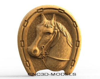 May include: A wooden carving of a horse's head within a horseshoe shape. The horse is wearing a bridle. The carving is in a light brown color and has the text "CNC3D-MODELS" at the bottom.