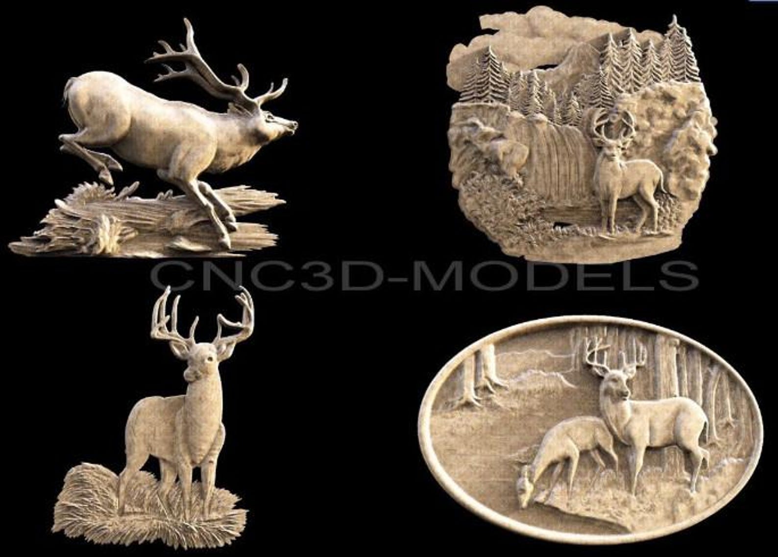 DEER Collection 4 Pcs Relief 3D STL Model for CNC Router Wood Carving ...