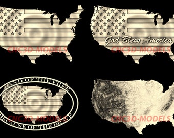 Carte topographique du drapeau des États-Unis, modèle 3D STL pour routeur CNC (4 pièces) K20