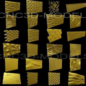 May include: A collection of 36 gold-colored 3D relief patterns. The patterns are arranged in a grid and include geometric, organic, and abstract designs. CNC3D-MODELS is printed in the center of the image.