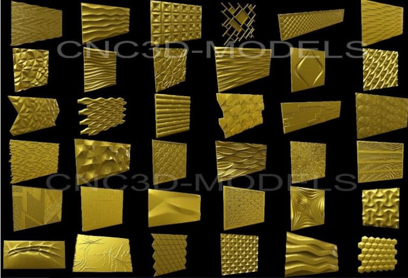 May include: A collection of 36 gold-colored 3D relief patterns. The patterns are arranged in a grid and include geometric, organic, and abstract designs. CNC3D-MODELS is printed in the center of the image.