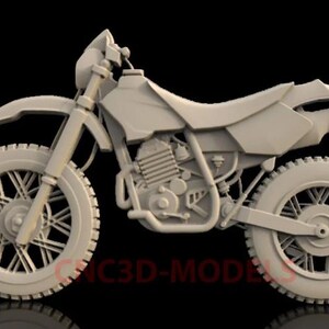 May include: A gray 3D model of a dirt bike with a detailed engine and spoked wheels.