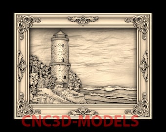 Modelo 3D STL de escena costera con faro, arte en madera para fresadora CNC, decoración de pared M955
