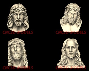 May include: Four 3D-printed busts of Jesus Christ, each with a crown of thorns and long hair. The busts are in a light beige color and are set against a black background.