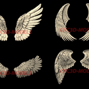 May include: Four different styles of angel wings, carved in a 3D design. The wings are detailed with feathers and are a light beige color.