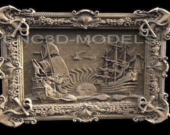 May include: A carved wooden picture frame with a detailed design of two ships sailing on the ocean with a sun rising in the background. The frame is decorated with anchors and floral motifs.