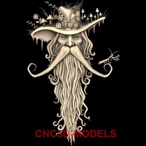 May include: A detailed 3D model of a whimsical, bearded figure with a large, wide-brimmed hat adorned with flowers and mushrooms. The figure has a long, flowing beard and a mischievous expression.
