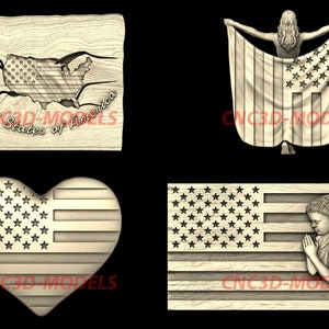 4 Stück 3D STL Modell für CNC-Fräser Engraver Schnitzmaschine Relief Artcam Aspire Vcarve cnc-Dateien USA-amerikanische Wellen Flagge Mädchen-Herz Karte K26