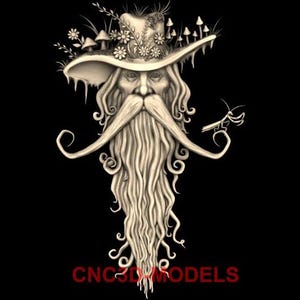 May include: A detailed 3D model of a whimsical, bearded figure with a large, wide-brimmed hat adorned with flowers and mushrooms. The figure has a long, flowing beard and a mischievous expression.