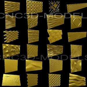 Op de afbeelding: Een verzameling van 25 goudkleurige 3D-wandpanelen. De panelen hebben een verscheidenheid aan geometrische en organische patronen, waaronder golven, diamanten en abstracte vormen. CNC3D-MODELS is op de afbeelding gedrukt.