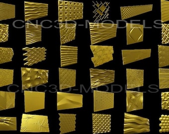 Może przedstawiać: Kolekcja 25 złotych, trójwymiarowych paneli ściennych. Panele prezentują różnorodne wzory geometryczne i organiczne, w tym fale, diamenty i abstrakcyjne kształty. Na obrazie widnieje napis CNC3D-MODELS.