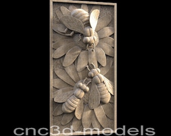 May include: A wood carving of three bees on a flower. The bees are detailed and realistic, with textured wings and bodies. The flower is a daisy with multiple petals.
