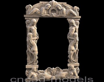 May include: A decorative stone frame with a rectangular opening. The frame is carved with figures of mermaids and floral designs.