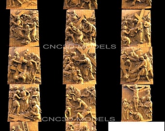May include: A collection of intricately carved wooden panels depicting scenes from the Stations of the Cross. Each panel features detailed figures in relief, showcasing a narrative of religious significance. The panels are a warm, natural wood tone.