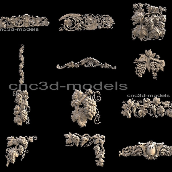 Grape Vine 10 Pcs Collection 3D STL Model for CNC Router Wood Carving 190