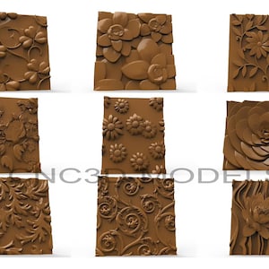 Könnte beinhalten: Neun verschiedene braune Holzschnitzereien mit floralen Mustern. Die Schnitzereien sind alle quadratisch und haben ein erhabenes Design. Die Designs beinhalten Blumen, Blätter und Ranken.