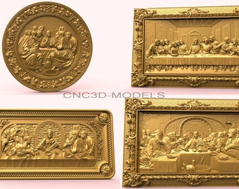 May include: Four gold-colored relief carvings depicting religious scenes. One is circular, featuring figures around a table. The others are rectangular, framed, and show the Last Supper. The text "CNC3D-MODELS" is visible.