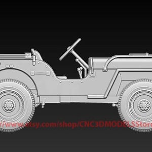 Puede incluir: Modelo 3D gris claro de un jeep militar vintage. El modelo presenta ruedas detalladas, un volante y un área de almacenamiento trasera. El jeep tiene un emblema de estrella en el lateral y está sobre un fondo oscuro.