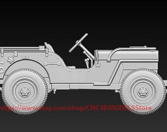Pode incluir: Modelo 3D cinza claro de um jipe militar vintage. O modelo apresenta rodas detalhadas, um volante e uma área de armazenamento traseira. O jipe tem um emblema de estrela na lateral e está em um fundo escuro.