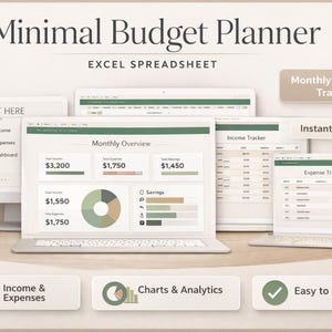 Può includere: Un pianificatore di budget digitale minimalista visualizzato su più schermi, tra cui laptop e un monitor desktop. Gli schermi mostrano dati finanziari, grafici e il testo "Minimal Budget Planner" e "Excel Spreadsheet".
