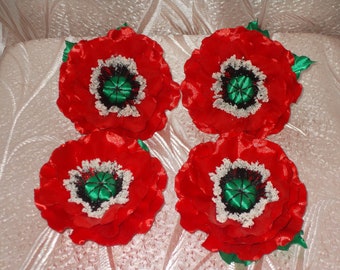 Kanzashi flowers poppy barrette, handmade, brooch, hair ornament,