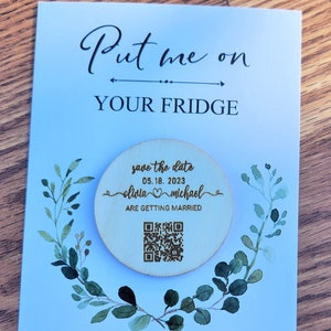 Personalized Save the date QR CODE magnet + Card + Envelope, Laser Engraved Wood Wedding Magnet, Wooden Circle Save the Date