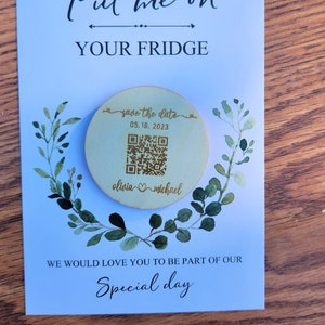 Save the date QR CODE magnet + Card + Envelope, Personalized Laser Engraved Wood Wedding Magnet, Wooden Circle Save the Date