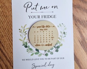 Personalized Save the date Calendar magnet + Card + Envelope, Laser Engraved Wood Wedding Magnet, Wooden Circle Save the Date