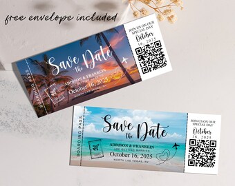 Boarding Pass Photo Magnet Save the Date With QR Code Free Envelopes Destination Wedding Unique Travel Theme Wedding Creative Save The Date