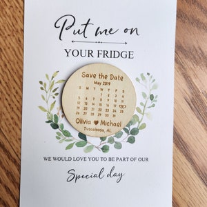 Save the date Calendar magnet + Card + Envelope, personalized Laser Engraved Wood Wedding Magnet, Wooden Circle Save the Date