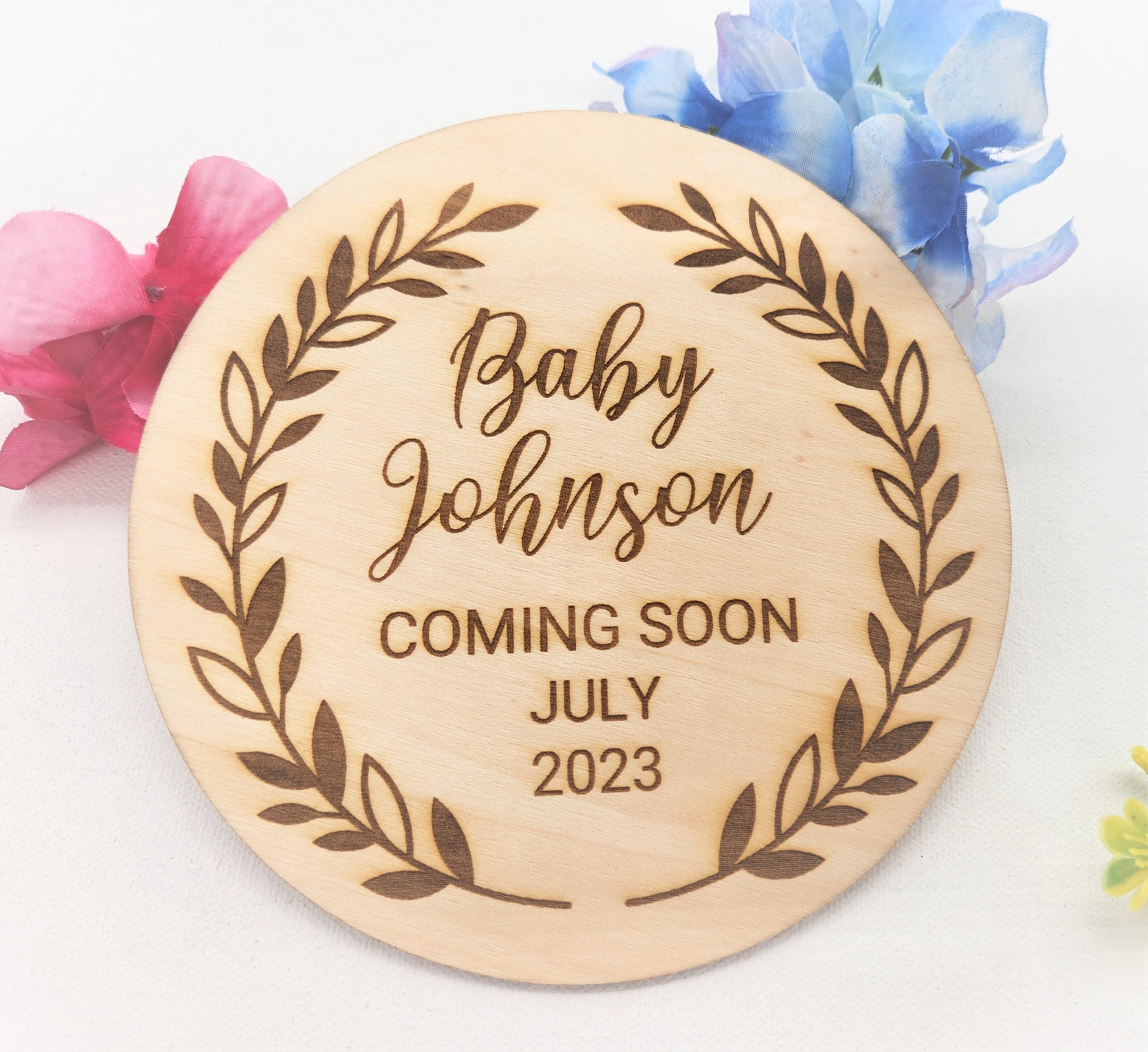 Floral Wooden Baby Name Announcement Sign Engraved Round Etsy