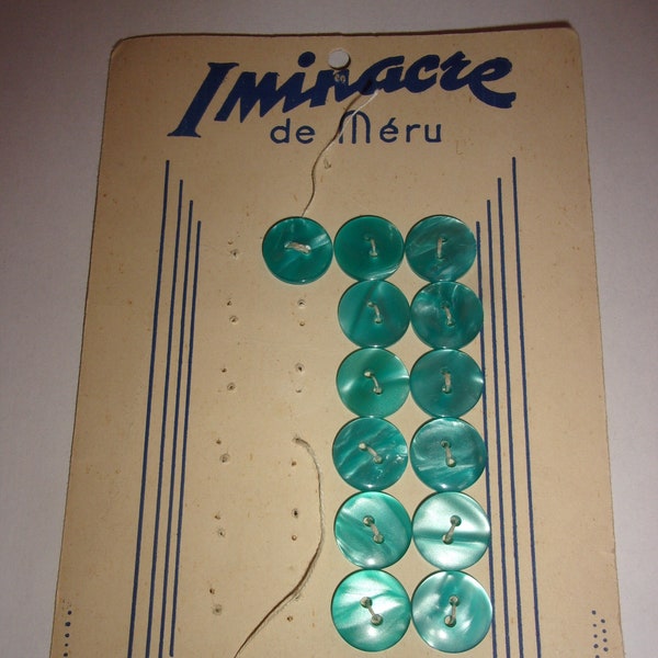 Carte de 13 boutons turquoise nacrés ,carte boutons IMICARE de méru incassable et lavable