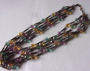 Collier vintage 5 rangs  perles de verres multicolores et métal