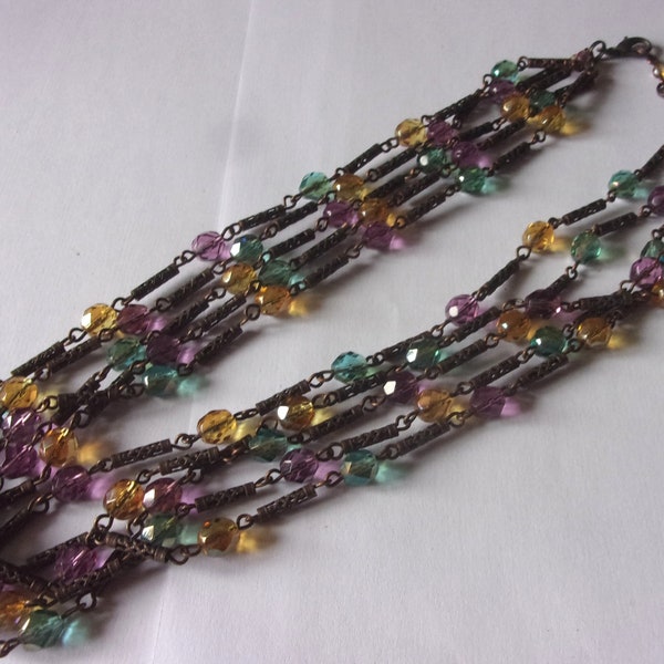 Collier vintage 5 rangs  perles de verres multicolores et métal