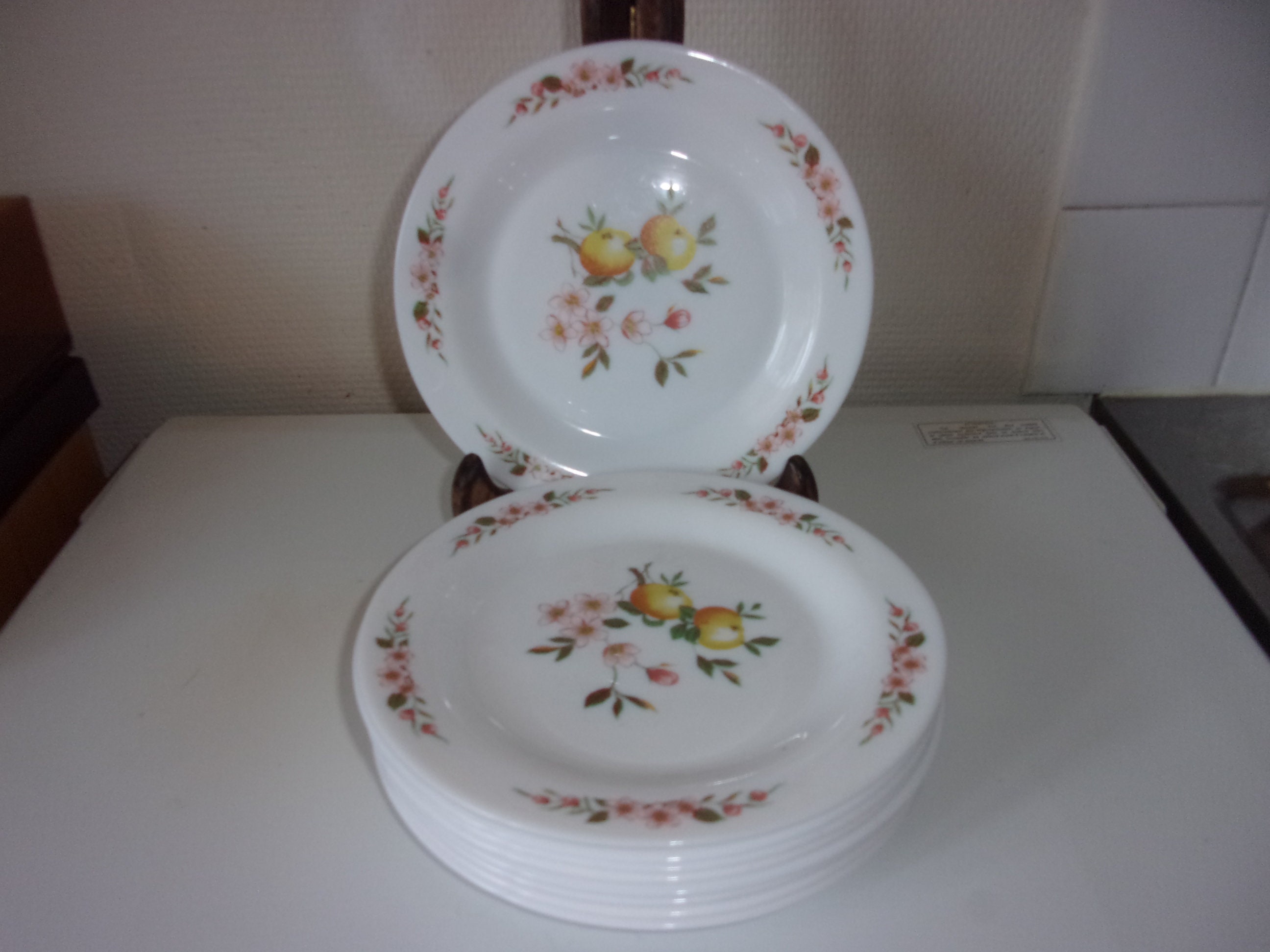 Neufs Assiettes Vintages , Lot de Neufs Arcopal , Assiettes Années 60 A Desserts