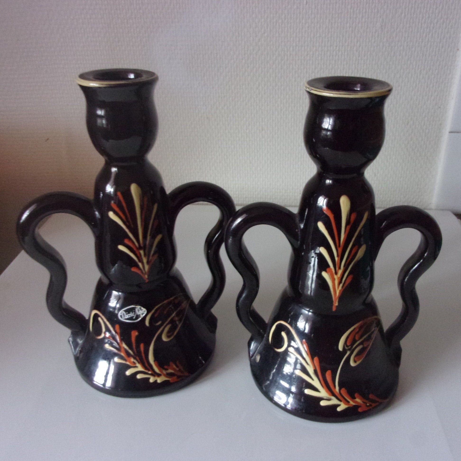 Bougeoirs en Céramique Vintage , Paire de Bougeoirs Peints Main