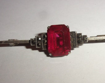 Broche ancienne barrette en argent ,broche argent strass et pierre rouge