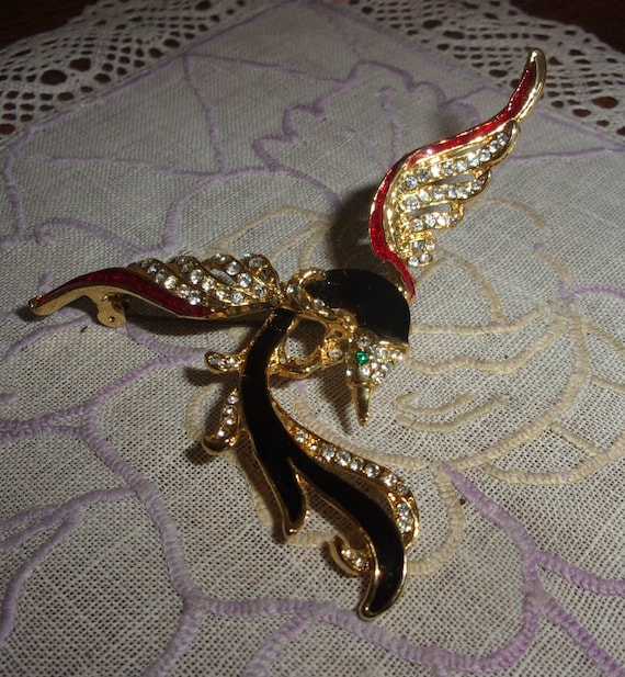 Broche vintage oiseau du paradis métal doré émail… - image 1