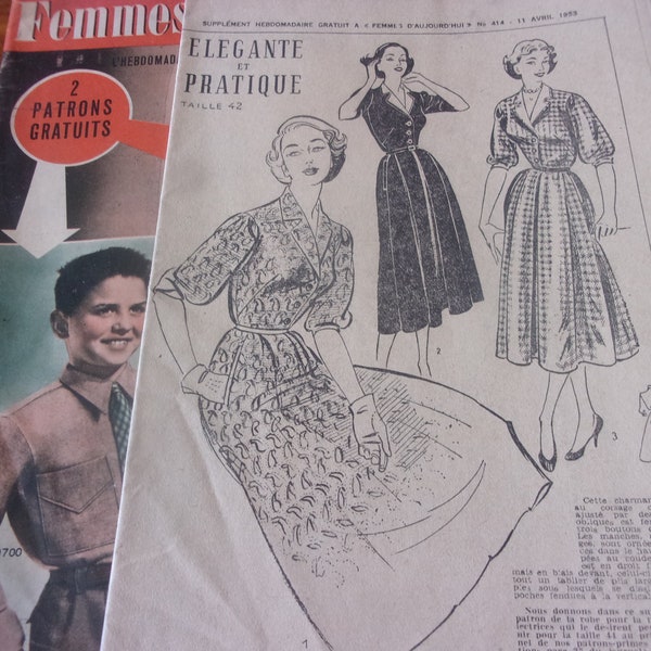 Patron vintage robe élégante et pratique taille 42 et son magazine femmes aujourdhui avril 1953