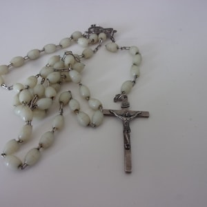 Old rosary in glass beads and silver cross, vintage rosary white beads