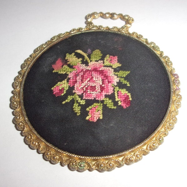 Miroir de sac vintage ,miroir rond orne broderie rose ,accessoires de sac