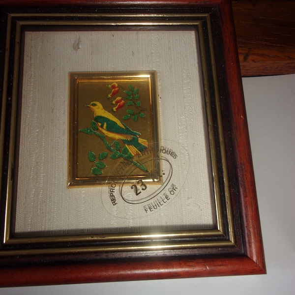 Petit cadre vintage oiseau reproduction d 'art sur feuille d 'or 23 kt